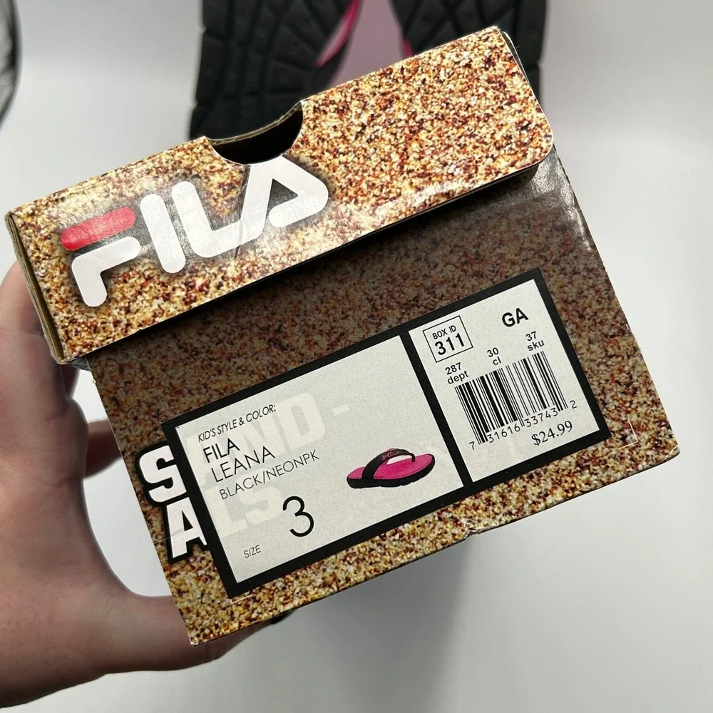 FILA Leana Girls Flip Flop Sandals Black Neon Pink Size 3 Athletic Beach NIB